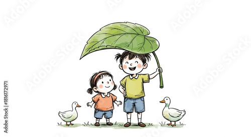 Children's playful adventure with leaf umbrella under gentle skies and whimsical duck companions