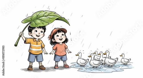 Cartoon illustration of kids with leaf umbrella and ducks in rainy weather scene