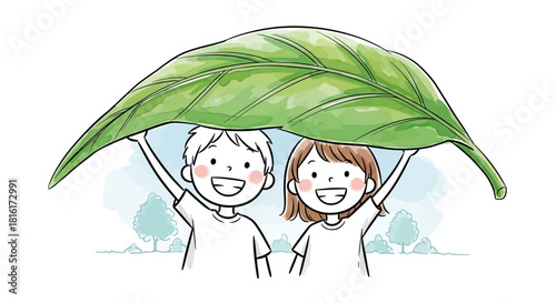 Illustrative depiction of children under a large green leaf embodying nature conservation spirit