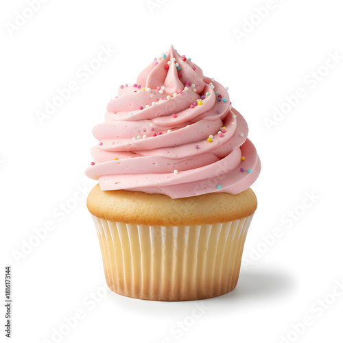 Delectable Cupcake Delight: A single, elegantly crafted cupcake with a swirl of vibrant pink frosting, adorned with colorful sprinkles, promising a sweet and joyous experience.
