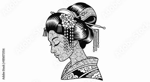 Elegant Japanese Geisha Woman in Traditional Kimono and Hairdo.