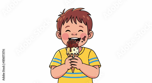 Happy child enjoying chocolate ice cream cone with messy face.