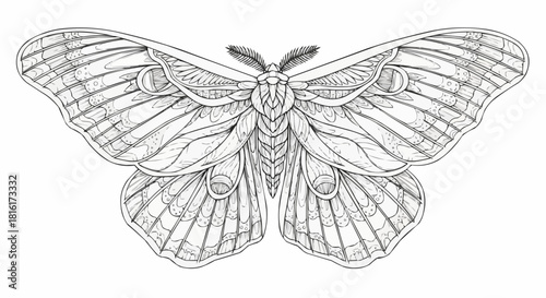 Detailed Moth Illustration for Coloring Book Page.