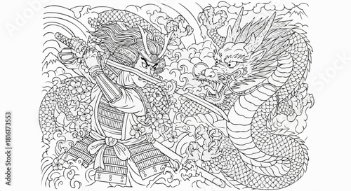 Samurai warrior in armor fighting a fierce dragon with a katana.