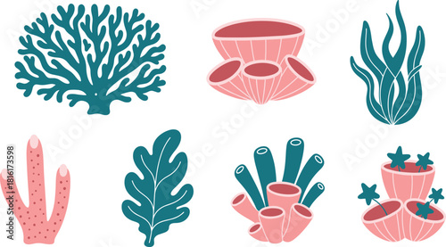 Set of Coral and Seaweed Vector Illustration, Underwater Ocean Life and Marine Ecosystem.