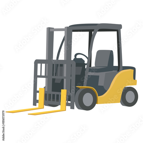 A yellow and gray forklift truck with its forks lowered, isolated on a white background.