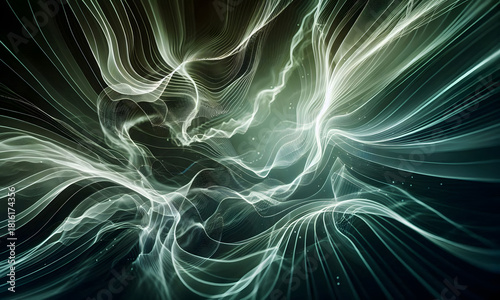 Hintergrund grüne Galaxie im All, minimalistisch, sanfte Farben, elektrisierende Linien