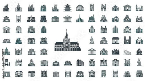 Collection of Diverse Architectural Building Icons Representing Various Structures