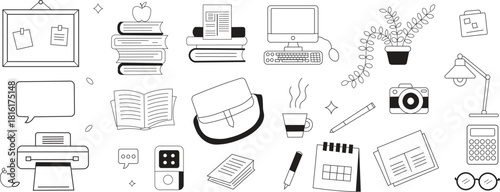 Doodle set for office work.  Work desk, office computer, and notebook doodle icon.  illustration in the form of a hand-drawn sketch.  Hand-drawn items related to business and education.  Vector set