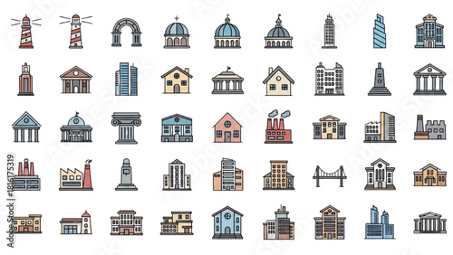 Collection of colorful building and architecture line icons for urban and city design concepts