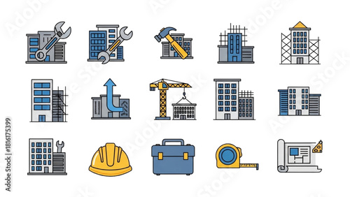 Vibrant collection of essential building and construction work elements, tools, and urban architectural icons