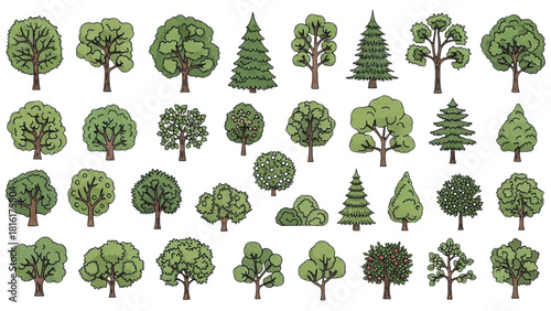 A diverse collection of hand-drawn green tree illustrations set for environmental and nature design