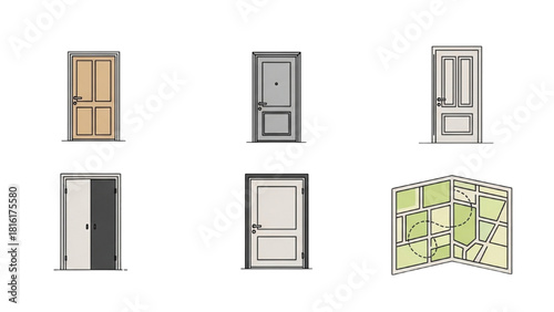 Collection of assorted doors and a folded map illustration