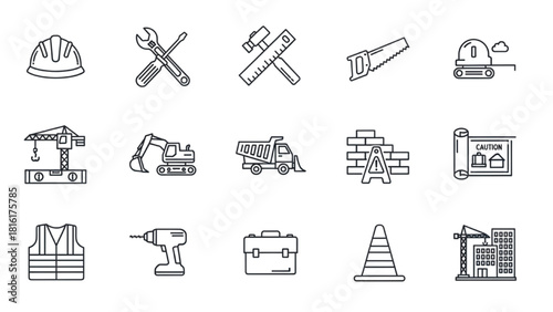 Construction tools and equipment icon set for building and repair projects