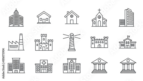 Collection of Line Art Building Icons for Architecture, Real Estate, and Cityscapes