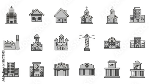 Collection of Line Art Buildings Diverse Architectural Structures and Icons Set