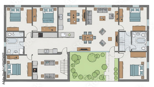 Architectural floor plan of a modern furnished home with an open concept living space and garden