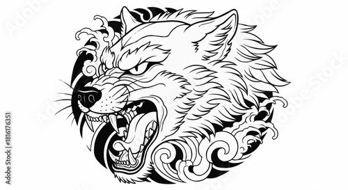 Ferocious wolf head illustration with sharp teeth and intense gaze.