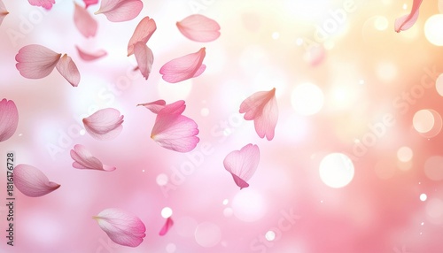 Delicate pink cherry blossom petals floating on a gentle breeze against a dreamy, sparkling bokeh background