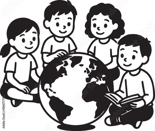 Diverse Kids Learning Geography with World Globe