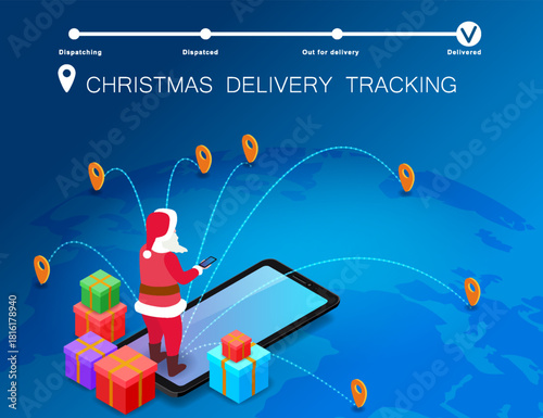 Christmas delivery, Santa Claus tracking gift box on global Earth map