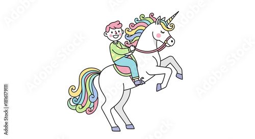 Enchanting ride a whimsical scene of a happy boy astride a rainbow maned unicorn with joy