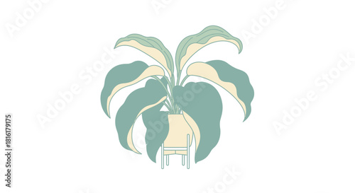 Stylized houseplant illustration with large leaves in pastel shades evokes serenity and freshness