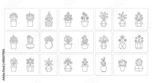 Minimalist potted plant illustration set featuring diverse plant species in various unique pots