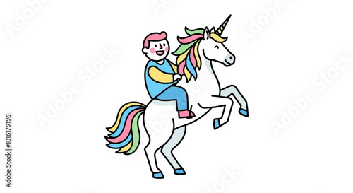 Cartoon Illustration of a Smiling Boy Riding a Majestic Unicorn with Colorful Mane and Tail