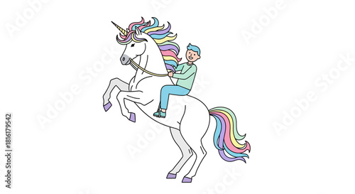 Illustration featuring a boy playfully riding a majestic unicorn with vibrant rainbow mane