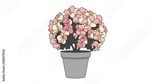 Stylized Illustration of a Potted Hydrangea Bush with Pink and Cream Blossoms