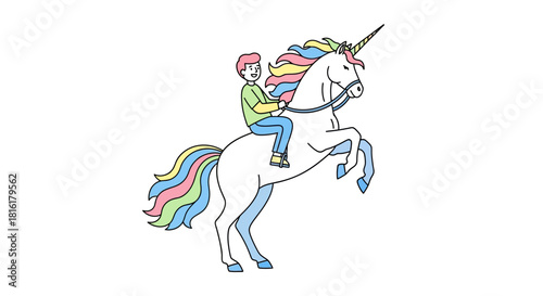 Illustration of a young person riding a white unicorn with a rainbow colored mane and tail