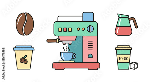 Whimsical coffee shop icon set in pastel tones featuring essential brewing elements