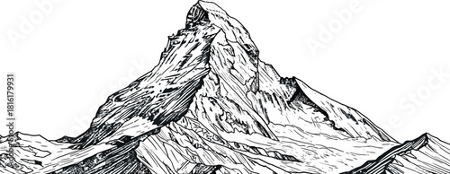 Detailed black and white illustration of the Matterhorn mountain, showcasing its grandeur