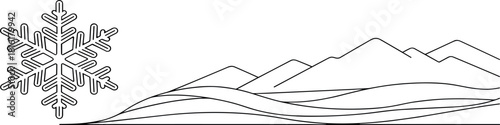 Monochrome vector art combining a stylized snowflake with a serene abstract landscape of rolling hills and majestic mountains, evoking winter tranquility and natural beauty
