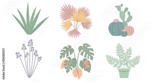 Botanical assortment of assorted plants with pastel aesthetic flat illustration style