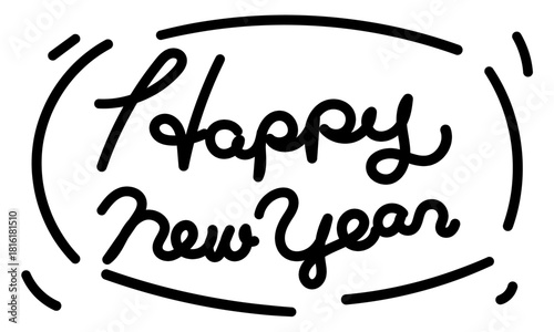 Cute Pop Calligraphy Happy New Year Lettering. Simple Monochrome Line Art Vector Set.