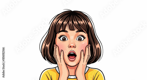 Surprised Woman with Hands on Cheeks Cartoon Illustration.