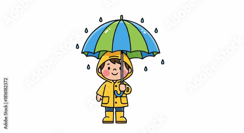 Cute cartoon child in yellow raincoat holding umbrella in rain.