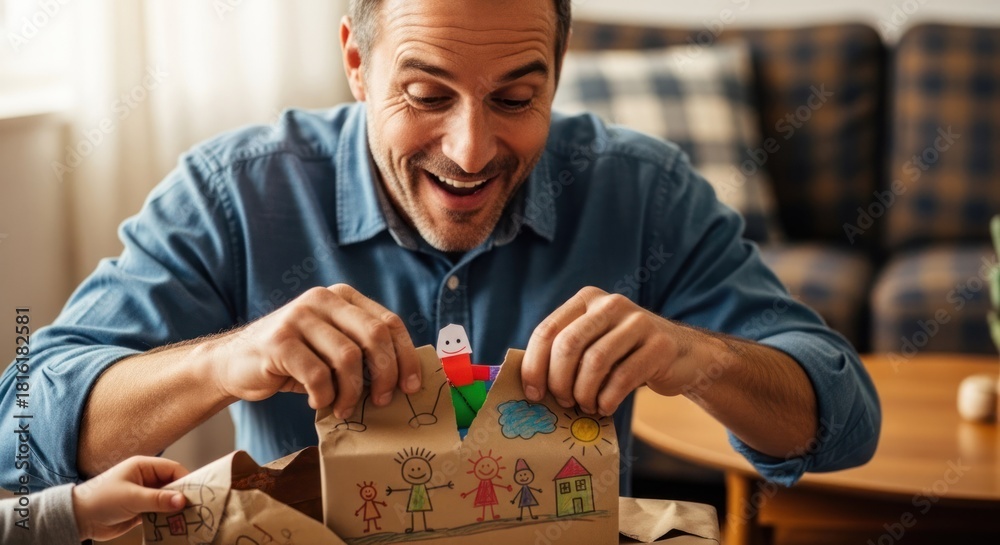 Obraz premium A man opening a gift bag with a child's drawing on it.