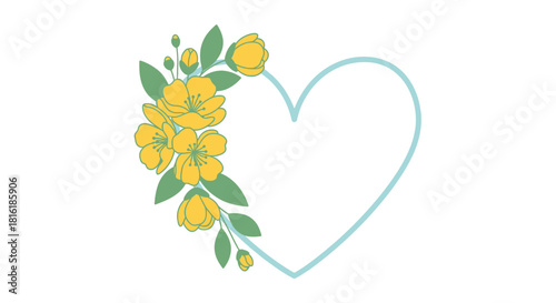 Floral heart vector illustration with yellow blossoms and fresh green leaves