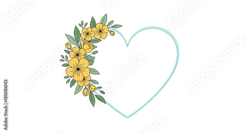 Floral adornment heart frame with elegant yellow blossoms and verdant foliage decoration element