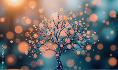 Abstract network tree with digital nodes and glowing orange bokeh, symbolizing technology, connection, and innovation in dreamy, high fidelity style