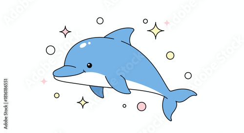 Playful blue dolphin surrounded by bubbles and stars against a pristine white background, cartoon
