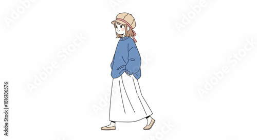 A charming illustration of a young woman enjoying a stroll in simple yet elegant attire