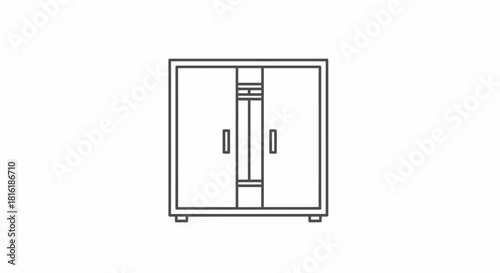 Line art illustration of a two-door wardrobe with a central compartment and hanging rod, depicted in a minimalist style.