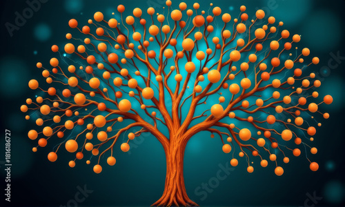 Abstract tree with orange orbs, glowing branches, and high fidelity detail on blue background, creating vibrant, modern, and artistic digital illustration