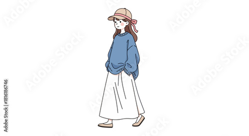 Illustration of a girl in a hat, oversized sweater, and long skirt representing simplicity and