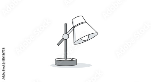A simple line art illustration of a classic desk lamp with a conical shade and adjustable stand on a circular base.