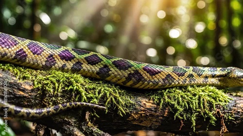 Snake Resting on Mossy Branch in Lush Forest
